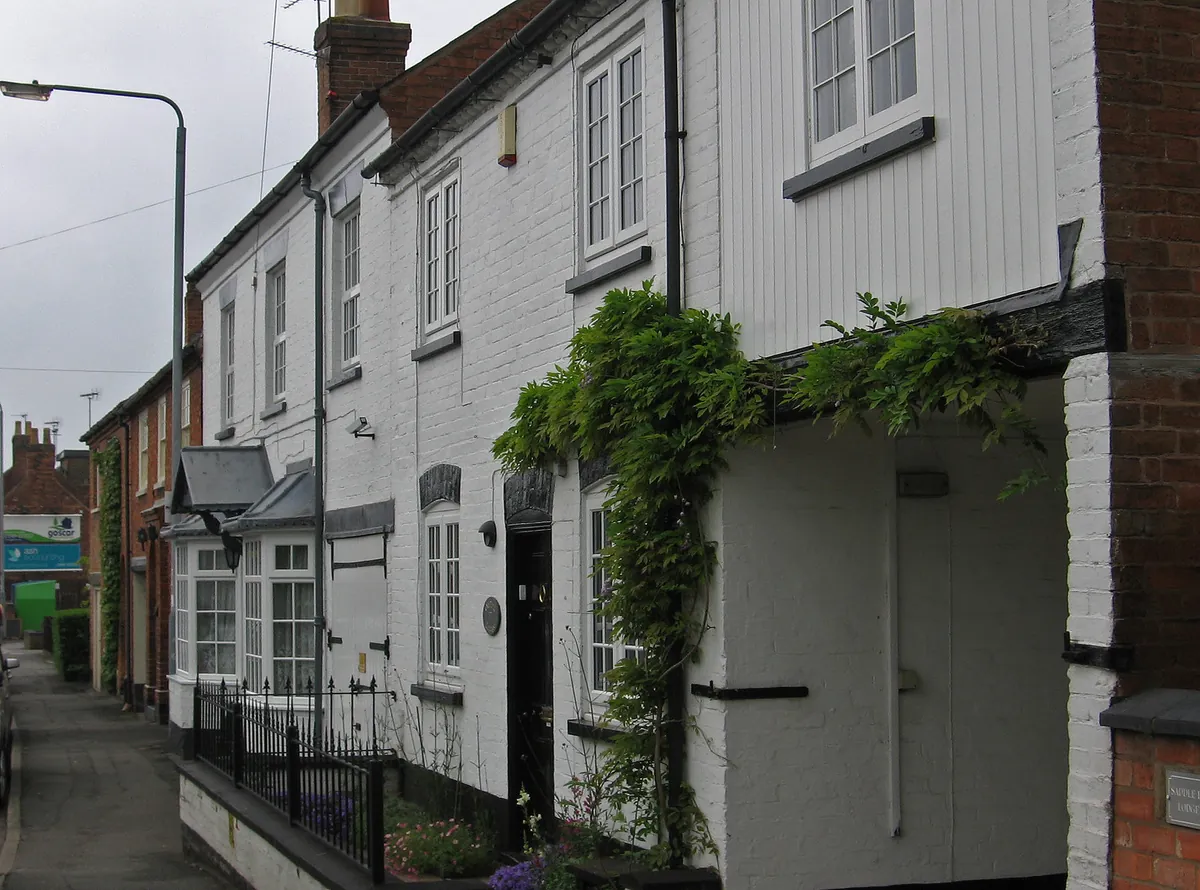 White-painted cottages with climbing plants on Fairfield Street in Bingham